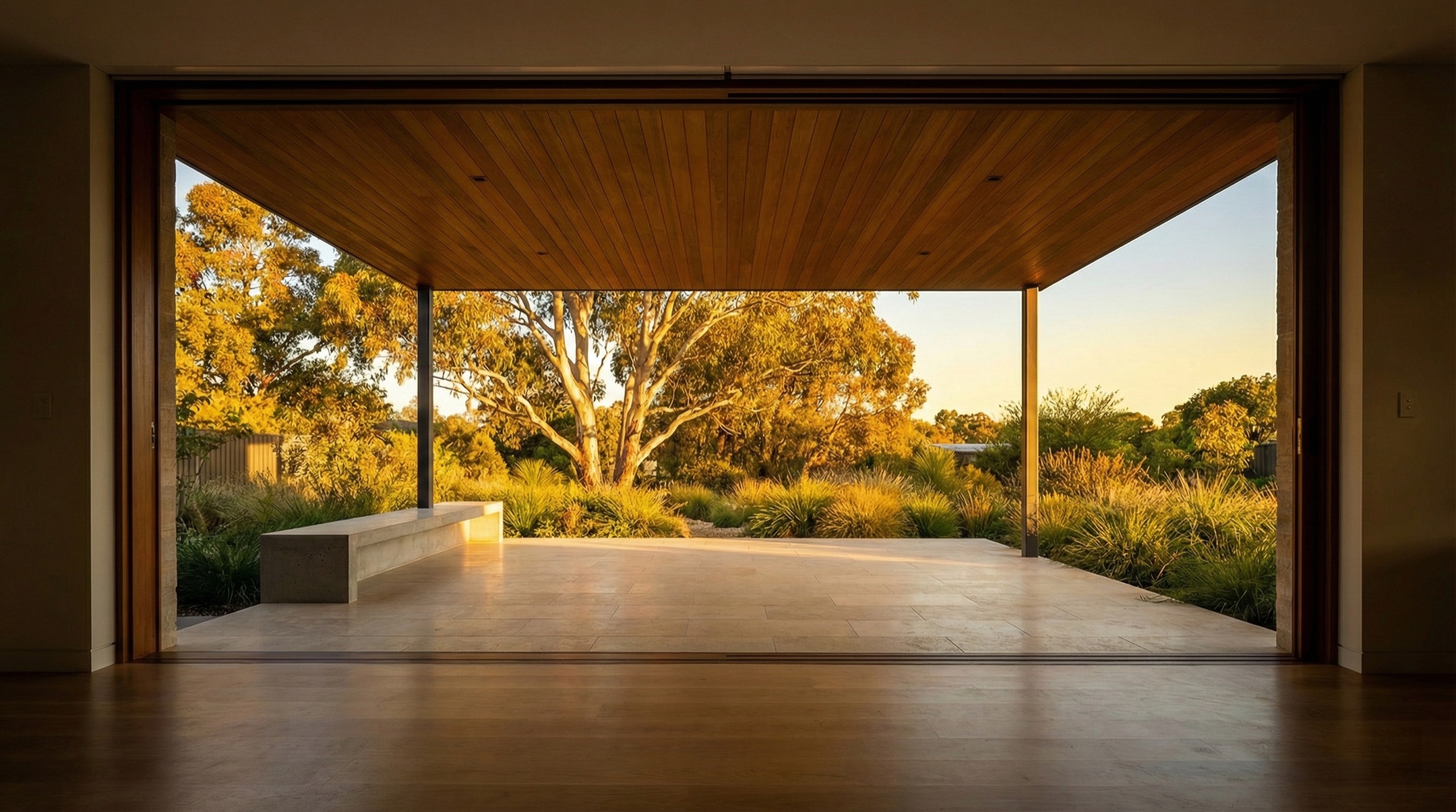 A BOWCON pavilion at golden hour — timber soffit framing native Adelaide landscape