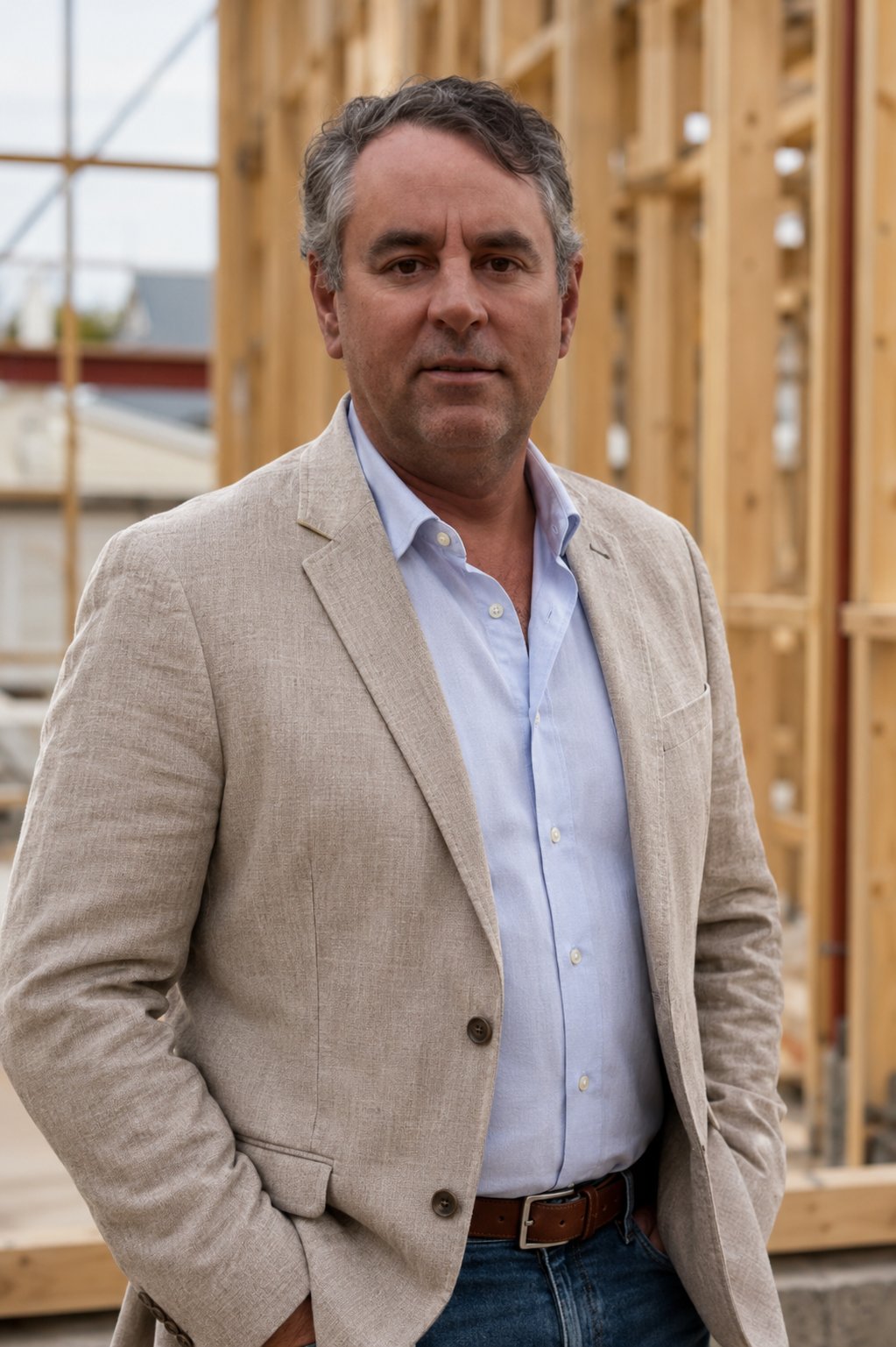 Piers Bower, Chief Executive Officer of BOWCON, on a timber-framed construction site