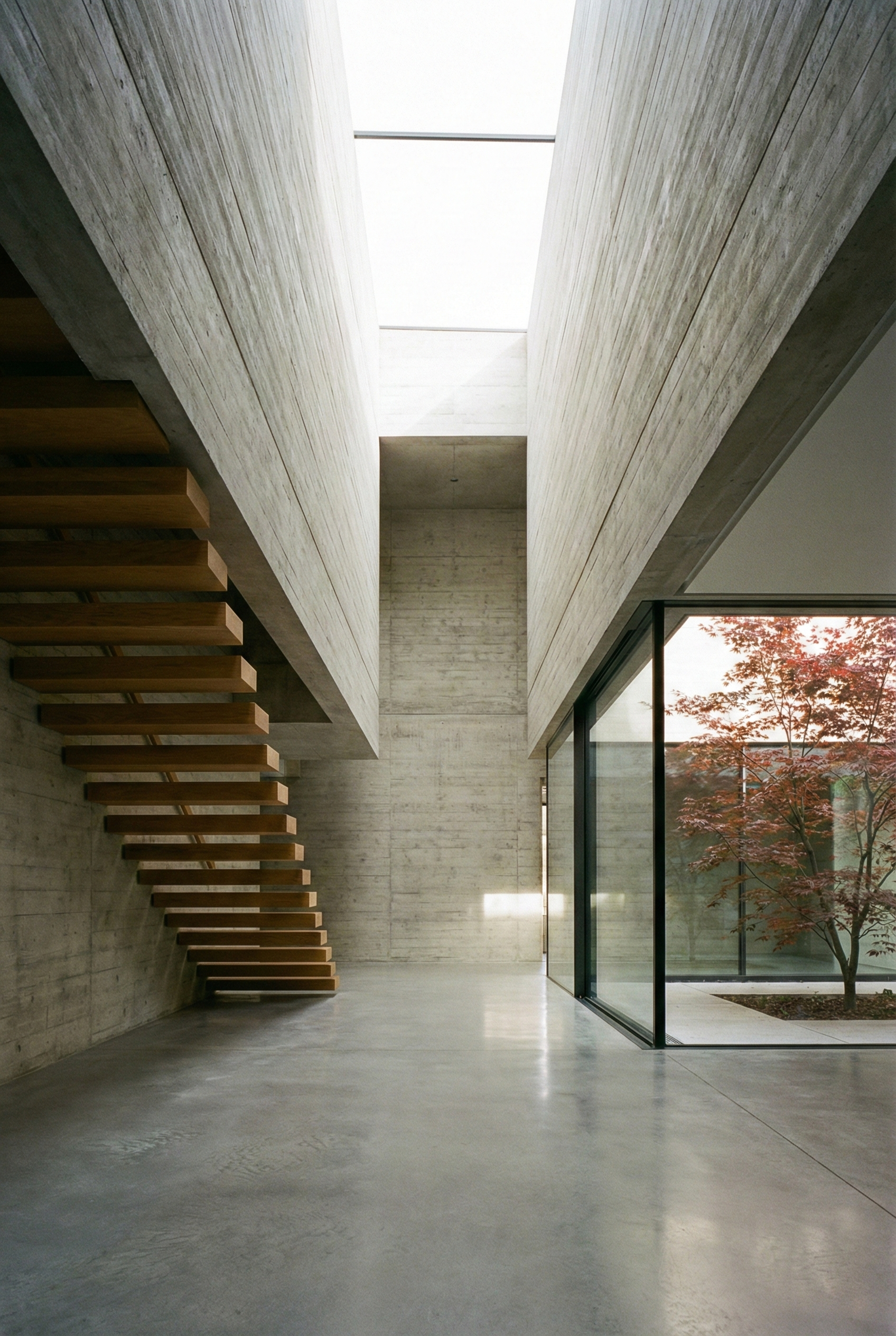 Double-height concrete interior — floating timber staircase under skylight, red maple through glass