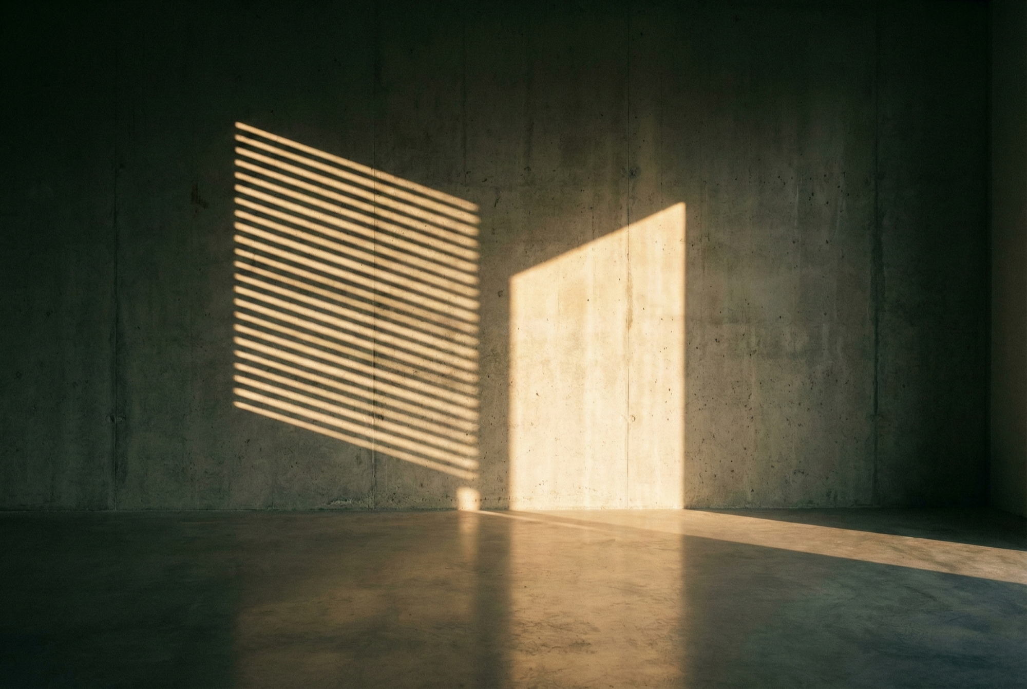 Shadow stripes cut across raw concrete — light and material in dialogue
